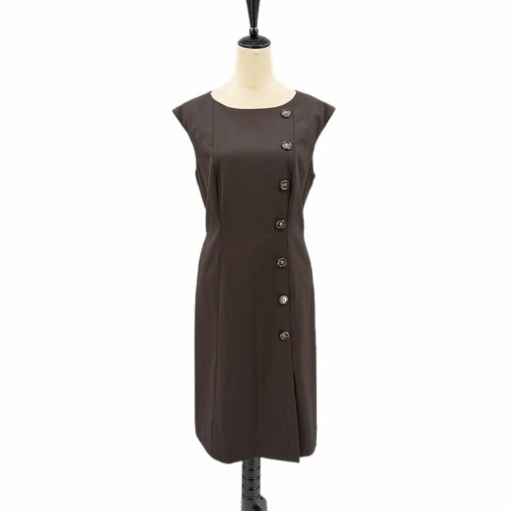 Alex Marie Dark Brown Asymmetrical Cap Sleeve Button Wool Blend Sheath Dress
